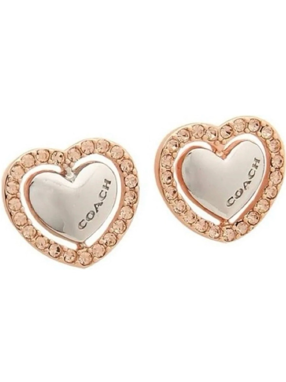 Coach Rose Gold and Silver Heart Crystal Stud Earrings